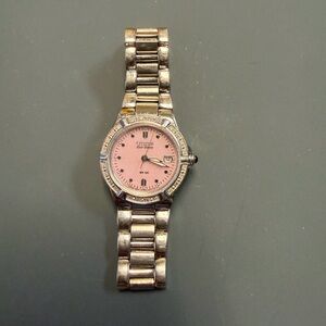 Citizen Eco Drive Silver-Tone Watch with Pink Dial, Crystal/diamond Bezel
